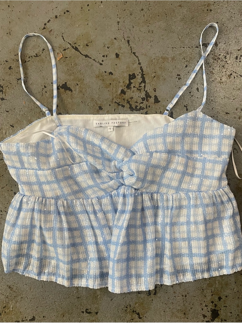 English Factory Sleeveless Twist Front Blue and White Plaid Sequin Tank Size L